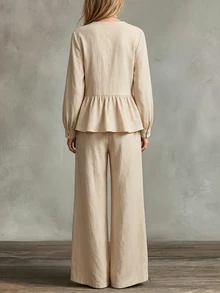 SHEIN Women's Woven Solid Color Cotton Ruffle Trim Blouse And Pants 2 Pieces Set, Casual Boho Vacation Outfit For Fall/ Brunch Beige Vacation - Apricot - View 3