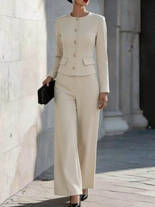 SHEIN Women's Elegant Casual French Beige 2 Pieces Co-Ord Set Round Neck Gold Button Jacket High Waist Wide Leg Pant Chic Fall Outfit Office Dinner - Apricot - View 5