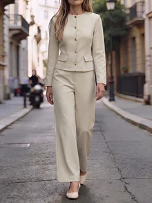 SHEIN Women's Elegant Casual French Beige 2 Pieces Co-Ord Set Round Neck Gold Button Jacket High Waist Wide Leg Pant Chic Fall Outfit Office Dinner - Apricot - View 3