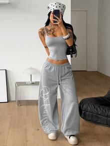 Coolane Women's Summer Comfortable Casual Elegant Going Out Sporty Heather Gray Rhinestone Letter Crop Camisole Top And Wide Leg Pants Loungewear Set 2pcs - Grey - View 3