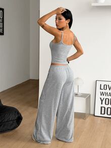 Coolane Women's Summer Comfortable Casual Elegant Going Out Sporty Heather Gray Rhinestone Letter Crop Camisole Top And Wide Leg Pants Loungewear Set 2pcs - Grey - View 5