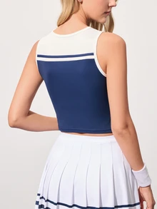 CourtClass CourtClass Women's Round Neck Button Design Fitted Contrast Color Tennis Tank Top Athletic Top - Multicolor - View 2