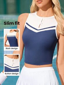 CourtClass CourtClass Women's Round Neck Button Design Fitted Contrast Color Tennis Tank Top Athletic Top - Multicolor - View 8