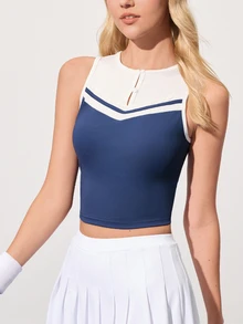 CourtClass CourtClass Women's Round Neck Button Design Fitted Contrast Color Tennis Tank Top Athletic Top - Multicolor - View 4