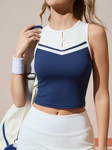CourtClass CourtClass Women's Round Neck Button Design Fitted Contrast Color Tennis Tank Top Athletic Top - Multicolor - View 6