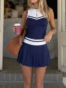 SHEIN Sports Setelan Golf Wanita: Tank Top Kerah Berlubang Warna Kontras dan Rok Lipit - Navy Blue - View 4
