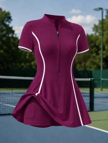 CourtClass 1套紫色拼接女款運動連身裙，立領拉鍊設計，柔軟舒適貼身，適合健身、跑步、休閒、瑜珈 - 紫色 - 查看 4