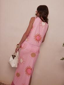 Dancing Leopard Pink Sun Print Fringe Top, Boho Holiday/Vacation Wear - Pink - View 2