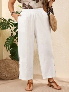 Rosumi Plus Size Vacation Casual Solid Color Hollow Out Pants, Summer For Women, Vacation Woman, Spring - White - View 3