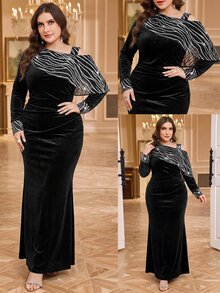 Reflora Plus Size Women's Colorblock Pleated Elegant Waist-Cinching Party Dress - Black - View 9