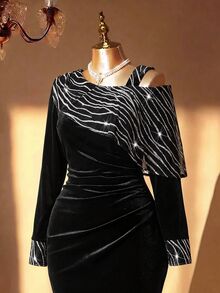 Reflora Plus Size Women's Colorblock Pleated Elegant Waist-Cinching Party Dress - Black - View 8