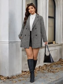 Chikora Plus Size Autumn/Winter Casual Double-Breasted Wool Blend Coat - Grey - View 3