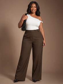 SHEIN Tall CURVE 大尺碼休閒商務風優雅鈕扣寬鬆長褲，適合辦公室商務穿著，棕色，秋季 - 棕色 - 查看 5