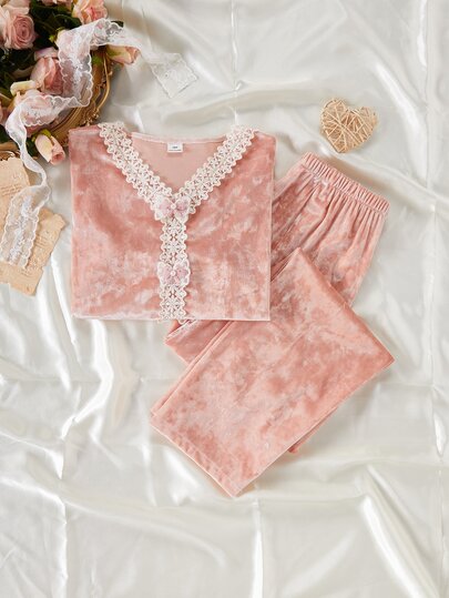 Girls' Fleece Pajama Set With Sweet Lace Trim On Collar And Front Center, Ribbon Bow, V-Neck Long Sleeve Top And Long Pants, Casual Comfortable Loungewear