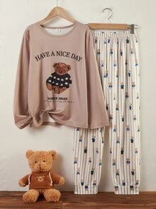 Boys Long Sleeve Top And Long Pants Lounge Set With Faux Embroidery Bear Print And Dusty Purple Bear Print, Fall/ Pajamas Holiday Cute - Brown - View 9