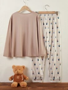 Boys Long Sleeve Top And Long Pants Lounge Set With Faux Embroidery Bear Print And Dusty Purple Bear Print, Fall/ Pajamas Holiday Cute - Brown - View 2