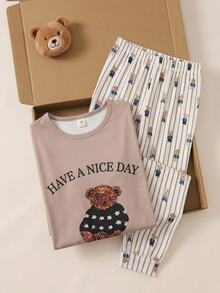 Boys Long Sleeve Top And Long Pants Lounge Set With Faux Embroidery Bear Print And Dusty Purple Bear Print, Fall/ Pajamas Holiday Cute - Brown - View 6