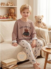 Boys Long Sleeve Top And Long Pants Lounge Set With Faux Embroidery Bear Print And Dusty Purple Bear Print, Fall/ Pajamas Holiday Cute - Brown - View 8