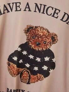 Boys Long Sleeve Top And Long Pants Lounge Set With Faux Embroidery Bear Print And Dusty Purple Bear Print, Fall/ Pajamas Holiday Cute - Brown - View 3