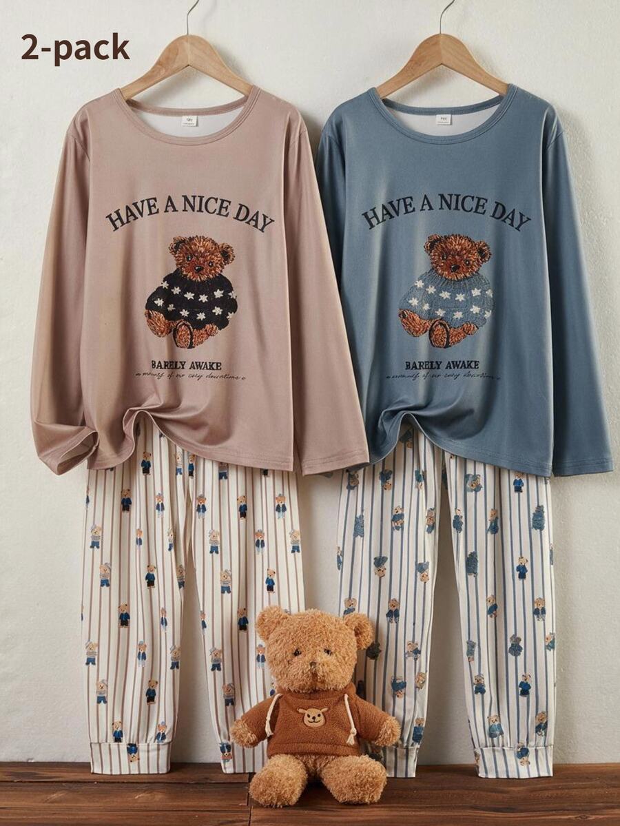 Boys Long Sleeve Top And Long Pants Lounge Set With Faux Embroidery Bear Print And Dusty Purple Bear Print, Fall/ Pajamas Holiday Cute - Brown - View 1