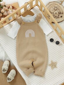 SHEIN Vintaside Kids 女嬰彩虹刺繡吊帶針織連身褲，荷葉邊飾針織連身衣，春夏秋冬簡約可愛家庭套裝 米色 - 卡其色 - 查看 8