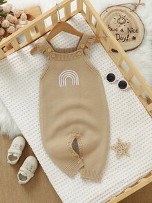 SHEIN Vintaside Kids 女嬰彩虹刺繡吊帶針織連身褲，荷葉邊飾針織連身衣，春夏秋冬簡約可愛家庭套裝 米色 - 卡其色 - 查看 5