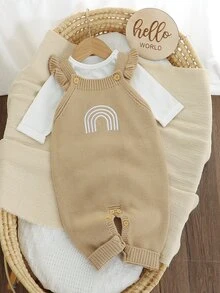 SHEIN Vintaside Kids 女嬰彩虹刺繡吊帶針織連身褲，荷葉邊飾針織連身衣，春夏秋冬簡約可愛家庭套裝 米色 - 卡其色 - 查看 3