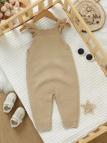 SHEIN Vintaside Kids 女嬰彩虹刺繡吊帶針織連身褲，荷葉邊飾針織連身衣，春夏秋冬簡約可愛家庭套裝 米色 - 卡其色 - 查看 2