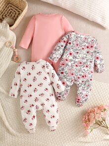 SHEIN Newborn Baby Long Sleeve Casual Cute Cute Babygirl Jumpsuit Nursery All White Baby Pink Autumn - Pink - View 2
