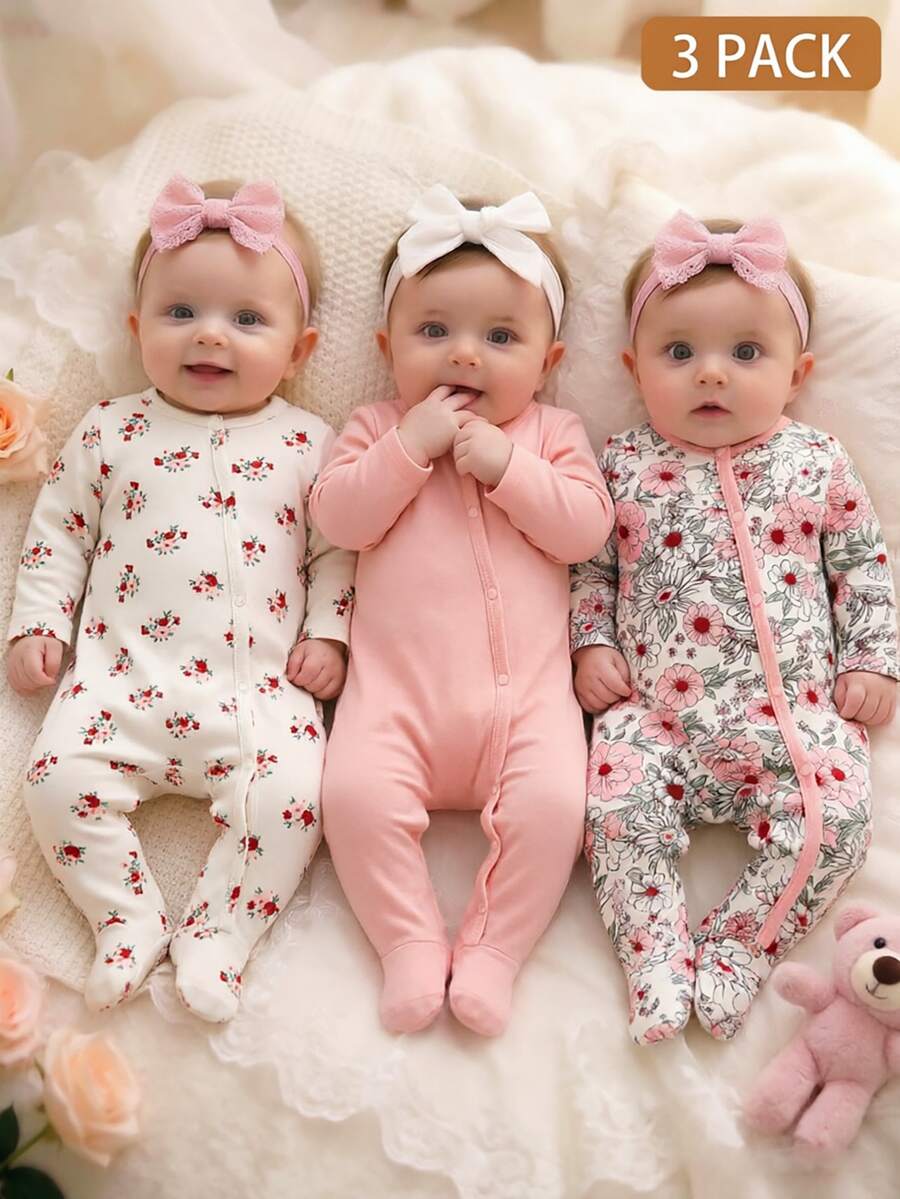 SHEIN Newborn Baby Long Sleeve Casual Cute Cute Babygirl Jumpsuit Nursery All White Baby Pink Autumn - Pink - View 1