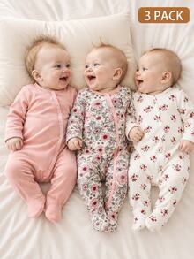 SHEIN Newborn Baby Long Sleeve Casual Cute Cute Babygirl Jumpsuit Nursery All White Baby Pink Autumn - Pink - View 3