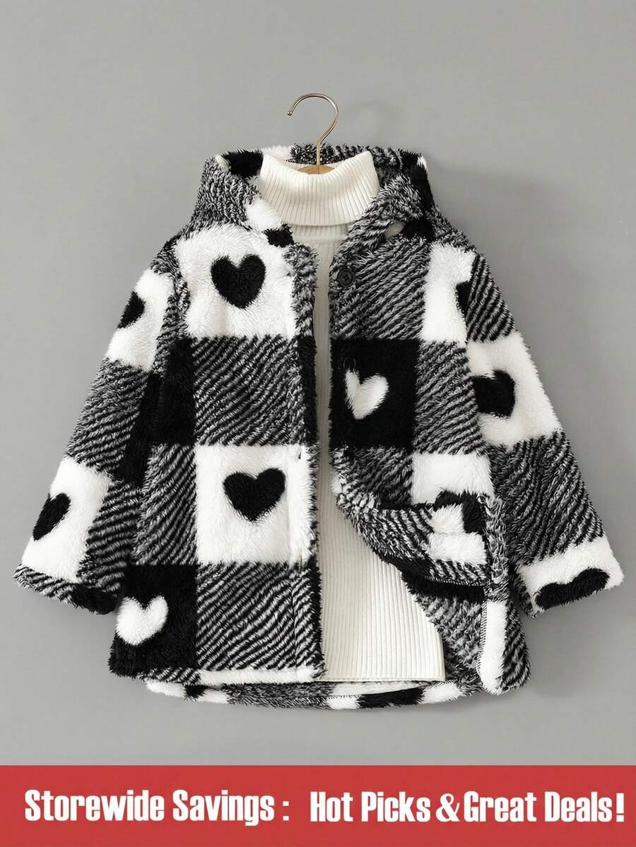 SHEIN Explorewe 年轻女孩心形格子印花保暖衬里拉链夹克,秋冬外套年轻女孩 - 黑與白 - 查看 1