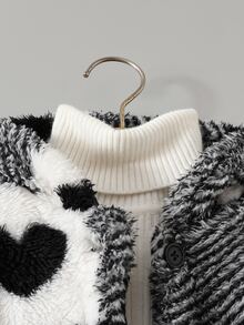 SHEIN Explorewe 年轻女孩心形格子印花保暖衬里拉链夹克，秋冬外套年轻女孩 - 黑與白 - 查看 5