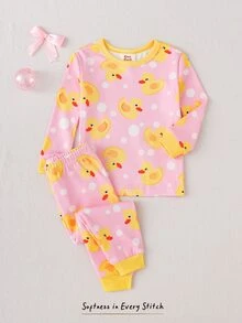 Cozy Pixies 2件組女嬰休閒日常小鴨圖案舒適印花圓領套頭長袖睡衣套裝，貼身居家服 - 淺粉色 - 查看 8