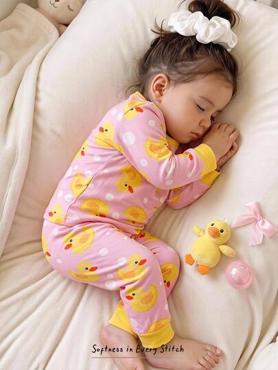 Cozy Pixies 2pcs Baby Girl Baby Girl Casual Daily Little Duck Pattern Comfortable Printed Crew Neck Pullover Long Sleeve Pajama Set, Snug Fit Loungewear