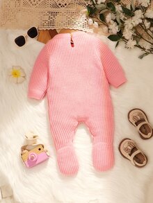 SHEIN 1件米色新生兒嬰兒毛衣連身衣附襪子，圓領長袖，可愛蜜蜂刺繡，簡約一體式連身褲 - 淺粉色 - 查看 2