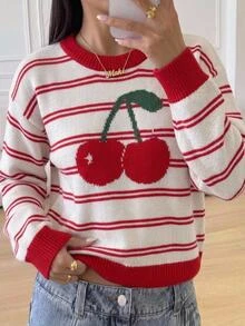 SHEIN 秋冬季青少年女孩粉色長袖條紋針織套頭衫，返校季，舒適柔軟，節日聖誕休閒日常穿著 - 粉色 - 查看 9