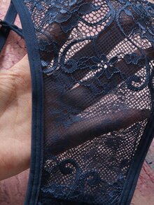 Elorette Women's Lace Spaghetti Strap Bra And Triangle Panty Sexy Lingerie Set - Navy Blue - View 5
