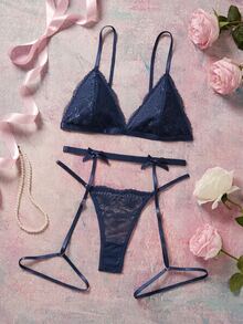 Elorette Women's Lace Spaghetti Strap Bra And Triangle Panty Sexy Lingerie Set - Navy Blue - View 11