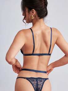Elorette Women's Lace Spaghetti Strap Bra And Triangle Panty Sexy Lingerie Set - Navy Blue - View 12