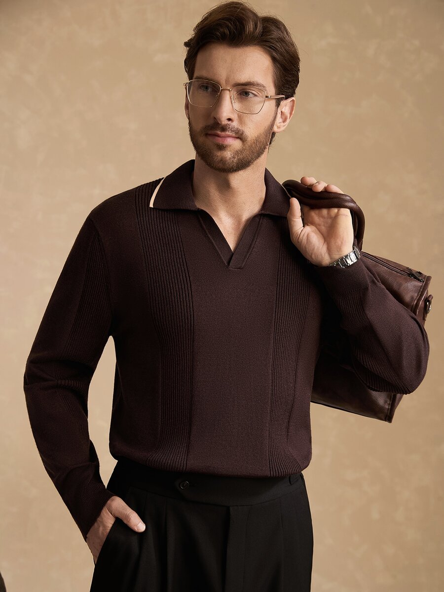 Core Aspect Men's Old Money Style, Mature, Fashionable Long Sleeve Casual Sweater - Coffee Brown - View 1