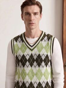 Manfinity CityGents Men's Diamond Pattern V-Neck Casual Knit Vest - Olive Green - View 3