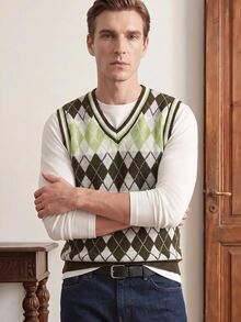 Manfinity CityGents Men's Diamond Pattern V-Neck Casual Knit Vest - Olive Green - View 5