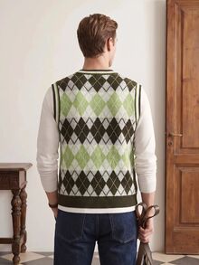Manfinity CityGents Men's Diamond Pattern V-Neck Casual Knit Vest - Olive Green - View 2