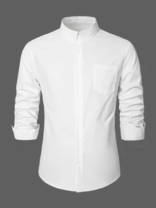 Manfinity Mode Kemeja Pria Putih Berkerah Kancing Depan untuk Bisnis, Bahan Oxford Lembut Tahan Kerut, Kemeja Lengan Panjang Kasual untuk Perjalanan. - Putih - View 3