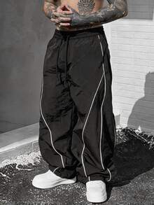SLATEMANN Men Black Long Pants, Loose Streetwear Casual Pants, Letter Stripe Parachute Pants, Goth - Black - View 1