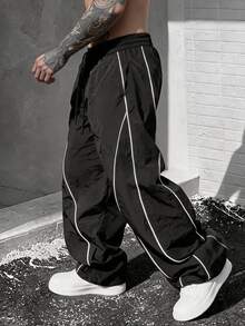 SLATEMANN Men Black Long Pants, Loose Streetwear Casual Pants, Letter Stripe Parachute Pants, Goth - Black - View 4