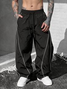 SLATEMANN Men Black Long Pants, Loose Streetwear Casual Pants, Letter Stripe Parachute Pants, Goth - Black - View 3