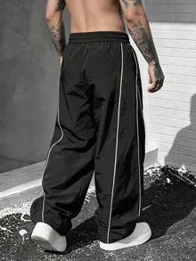 SLATEMANN Men Black Long Pants, Loose Streetwear Casual Pants, Letter Stripe Parachute Pants, Goth - Black - View 2