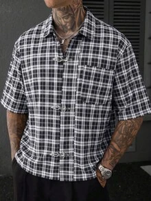 SLATEMANN 男士格紋短袖襯衫，高端鈕扣式襯衫，適合正式或休閒場合，休閒度假、晚餐派對、簡約辦公、休閒居家穿著，百搭風格，適合送給自己或作為朋友的禮物，熱銷舒適面料襯衫 - 黑與白 - 查看 3